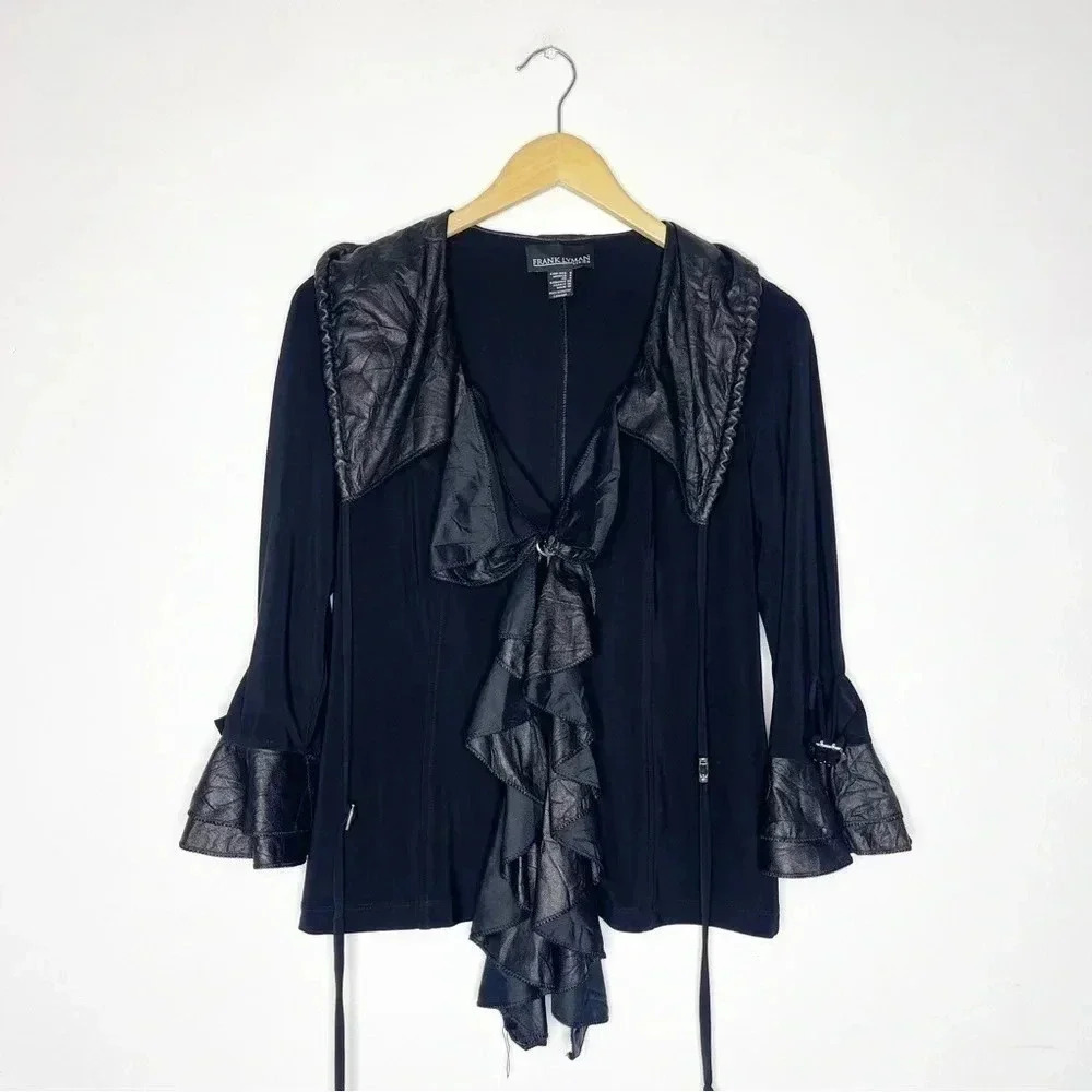 Frank Lyman Designs Black Ruffle Open Cardigan Shirt Size 6 - Picture 3 of 8